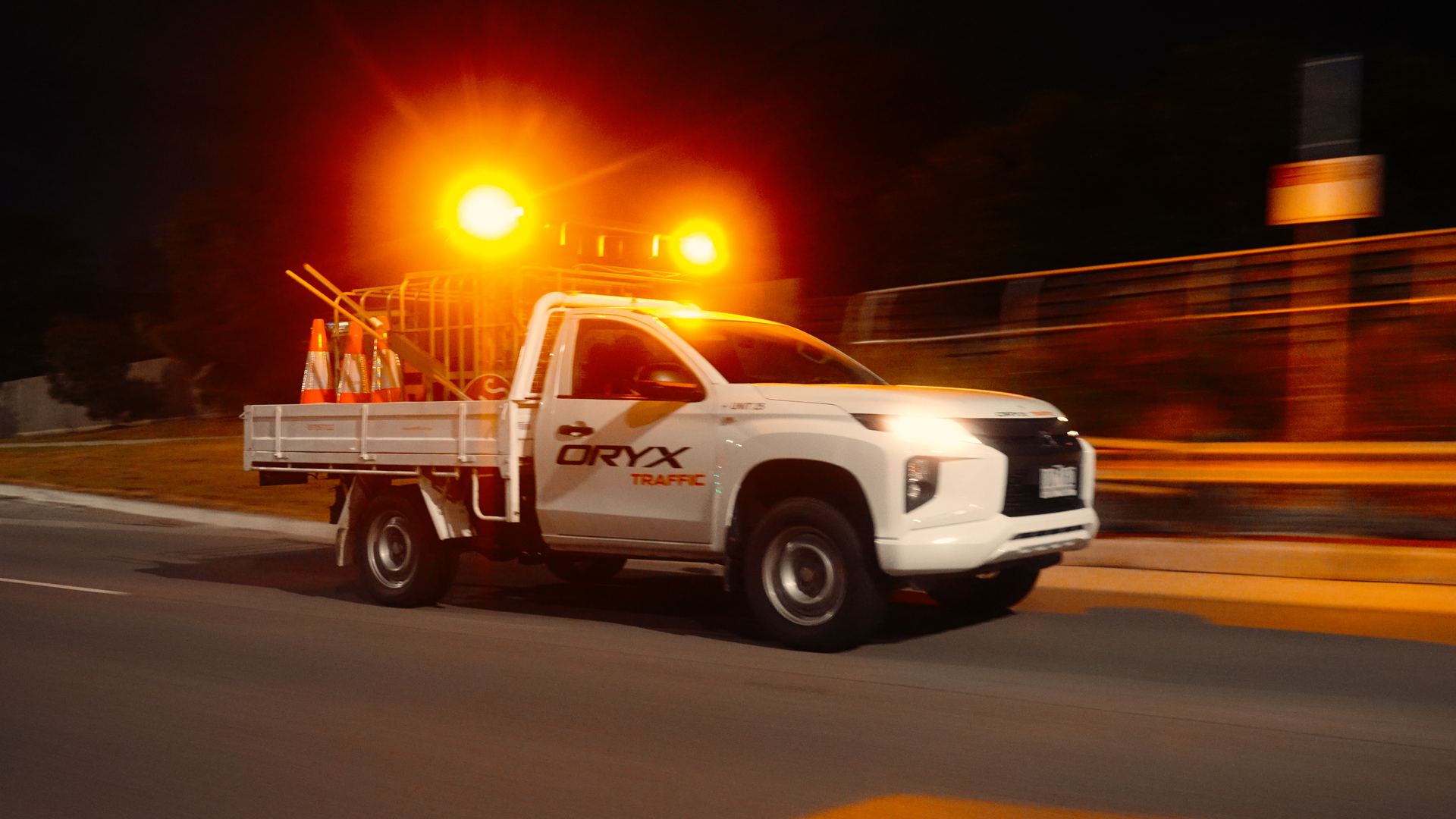 Oryx Traffic ute deploying at night with amber beacon